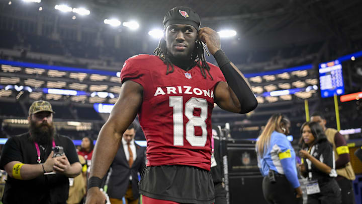 Nov 3, 2025; Arlington, Texas, USA; Arizona Cardinals wide receiver Marvin Harrison Jr. (18) walks off the field after the game between the Dallas Cowboys and the Arizona Cardinals at AT&T Stadium. Mandatory Credit: Jerome Miron-Imagn Images