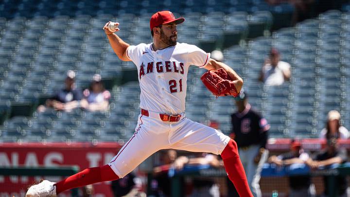 Aug 26, 2026; Anaheim, California, USA; Los Angeles Angels pitcher Grayson Rodriguez (21) throws in the second inning against the Cleveland Guardians at Angel Stadium. Mandatory Credit: Jon Endow-Imagn Images