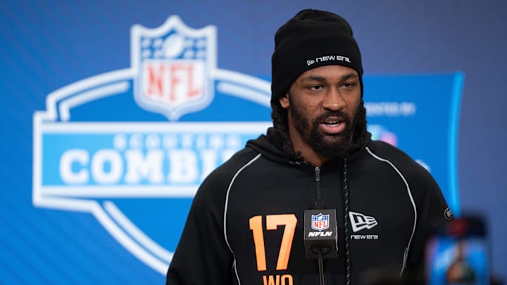Indiana wide receiver Omar Cooper Jr. speaks during the NFL Combine at the Indiana Convention Center. 