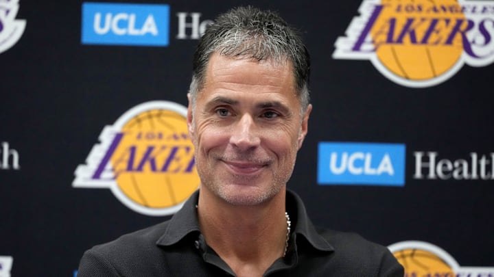 Sep 25, 2024; El Segundo, CA, USA; Los Angeles Lakers general manager Rob Pelinka at press conference at UCLA Health Training Center. Mandatory Credit: Kirby Lee-Imagn Images