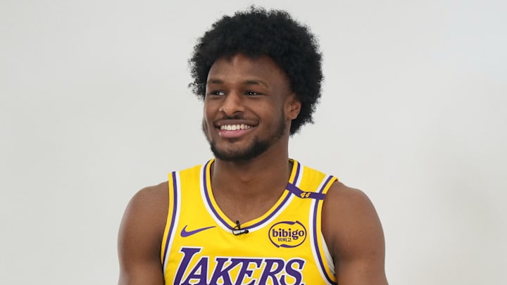 Sep 30, 2024; El Segundo, CA, USA; Los Angeles Lakers guard Bronny James (9) during media day at the UCLA Health Training Center. Mandatory Credit: Kirby Lee-Imagn Images