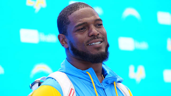 Los Angeles Chargers linebacker Denzel Perryman looks on at press conference during offseason workouts at The Bolt.