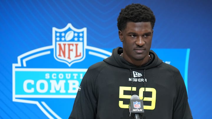 Feb 26, 2025; Indianapolis, IN, USA; Tennessee defensive lineman James Pearce (DL59) during the 2025 NFL Scouting Combine at the Indiana Convention Center. Mandatory Credit: Kirby Lee-Imagn Images