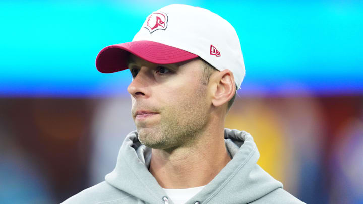 Dec 28, 2024; Inglewood, California, USA; Arizona Cardinals coach Jonathan Gannon reacts against the Los Angeles Rams at SoFi Stadium. Mandatory Credit: Kirby Lee-Imagn Images