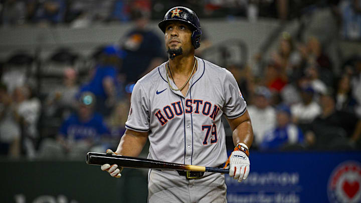 Apr 5, 2024; Arlington, Texas, USA; Houston Astros first base Jose Abreu (79) reacts to striking out against the Texas Rangers during the game at Globe Life Field.