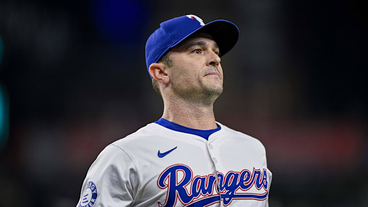 Sep 5, 2024; Arlington, Texas, USA; Texas Rangers relief pitcher David Robertson (37) comes off the field after he pitches against the Los Angeles Angels during the game at Globe Life Field. Mandatory Credit: Jerome Miron-Imagn Images Sep 5, 2024; Arlington, Texas, USA; Texas Rangers relief pitcher David Robertson (37) comes off the field after he pitches against the Los Angeles Angels during the game at Globe Life Field. Mandatory Credit: Jerome Miron-Imagn Images
