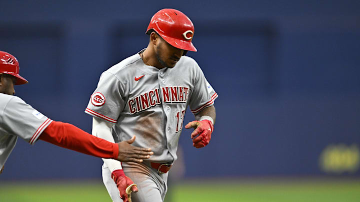 Apr 21, 2026; St. Petersburg, Florida, USA; Cincinnati Reds infielder Dane Myers (17) celebrates after hitting a home run against Tampa Bay Rays at Tropicana Field. Mandatory Credit: Pablo Robles-Imagn Images