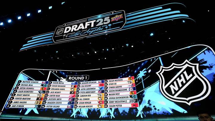 Jun 27, 2025; Los Angeles, California, USA; The draft board is seen following the first round of the 2025 NHL Draft at Peacock Theater. Mandatory Credit: Kirby Lee-Imagn Images