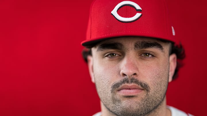 Cincinnati Reds infielder Sal Stewart (84) during the annual team picture day at the Cincinnati Reds Player Development Complex in Goodyear, Ariz., on Tuesday, Feb. 18, 2025.