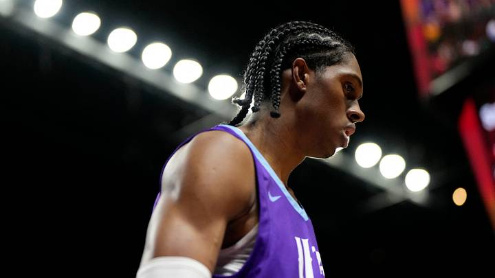 Jul 14, 2025; Las Vegas, NV, USA; Utah Jazz forward Cody Williams (5) competes against the San Antonio Spurs during the second half of a NBA basketball game at the Thomas & Mack Center. Mandatory Credit: Lucas Peltier-Imagn Images Jul 14, 2025; Las Vegas, NV, USA; Utah Jazz forward Cody Williams (5) competes against the San Antonio Spurs during the second half of a NBA basketball game at the Thomas & Mack Center. Mandatory Credit: Lucas Peltier-Imagn Images