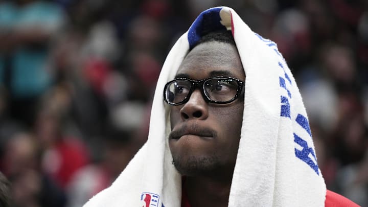 Apr 16, 2025; Chicago, Illinois, USA; Chicago Bulls forward Jalen Smith (7) on the bench during the second half against the Miami Heat at United Center. Mandatory Credit: David Banks-Imagn Images