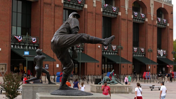 Sep 27, 2016; Atlanta, GA, USA; The statue of Warren Spahn is shown at the main entrance to Turner Field before the Atlanta Braves host the Philadelphia Phillies at Turner Field. Mandatory Credit: Jason Getz-Imagn Images