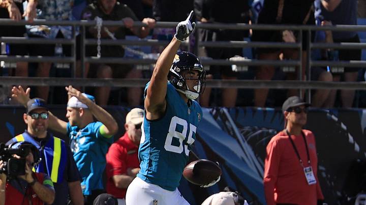 Jacksonville Jaguars tight end Brenton Strange (85) celebrates his touchdown during the third quarter on Oct. 15, 2023 at EverBank Stadium. Jacksonville Jaguars tight end Brenton Strange (85) celebrates his touchdown during the third quarter on Oct. 15, 2023 at EverBank Stadium.
