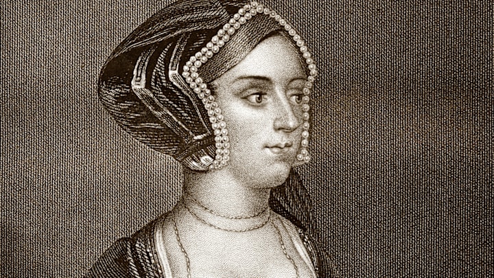 'Portrait of Anne Boleyn, second wife of King Henry VIII,' after a painting by Hans Holbein and engraved by H.T.  Ryall.