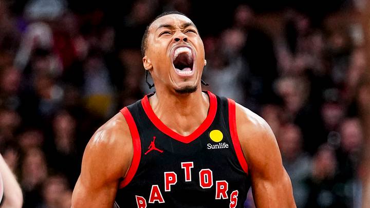October 30, 2026; Toronto, Ontario, CAN;  Toronto Raptors Scottie Barnes (4) celebrates against the Orlando Magic during the second half in their Emirates Cup game at Scotiabank Arena.  Mandatory Credit: Kevin Sousa-Kevin Sousa-Imagn Images