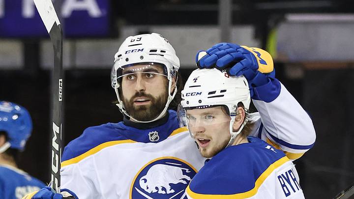 Jan 8, 2026; New York, New York, USA; Buffalo Sabres right wing Alex Tuch (89) celebrates with defenseman Bowen Byram (4) after scoring a goal in the second period against the New York Rangers at Madison Square Garden. Mandatory Credit: Wendell Cruz-Imagn Images Jan 8, 2026; New York, New York, USA; Buffalo Sabres right wing Alex Tuch (89) celebrates with defenseman Bowen Byram (4) after scoring a goal in the second period against the New York Rangers at Madison Square Garden. Mandatory Credit: Wendell Cruz-Imagn Images