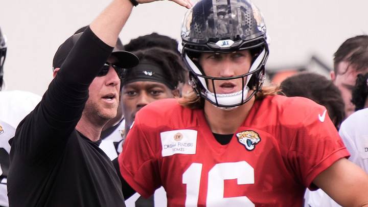 Jacksonville Jaguars Head Coach Liam Coen talks with his team after the Jacksonville Jaguars eighth day of NFL Training Camp at the Miller Electric Center in Jacksonville, Fla., Friday, August 7, 2026.    [Doug Engle/Florida Times-Union]