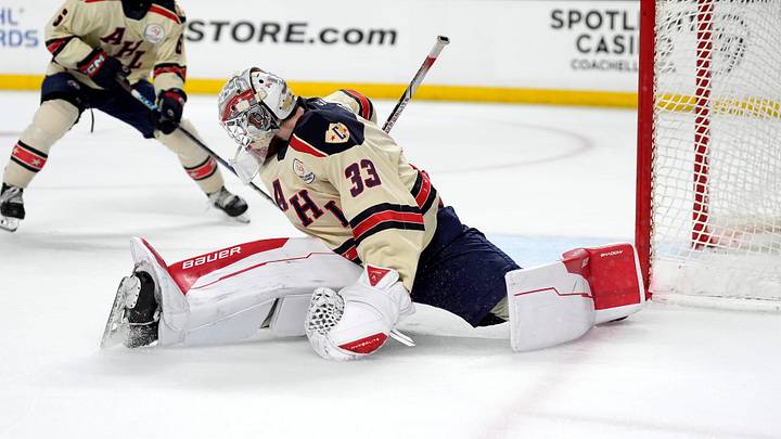 Grand Rapids goaltender Sebastian Cossa (33) defends during the second night of the AHL All-Star Challenge at Acrisure Arena in Palm Desert, Calif., on Monday, Feb. 3, 2025. Grand Rapids goaltender Sebastian Cossa (33) defends during the second night of the AHL All-Star Challenge at Acrisure Arena in Palm Desert, Calif., on Monday, Feb. 3, 2025.
