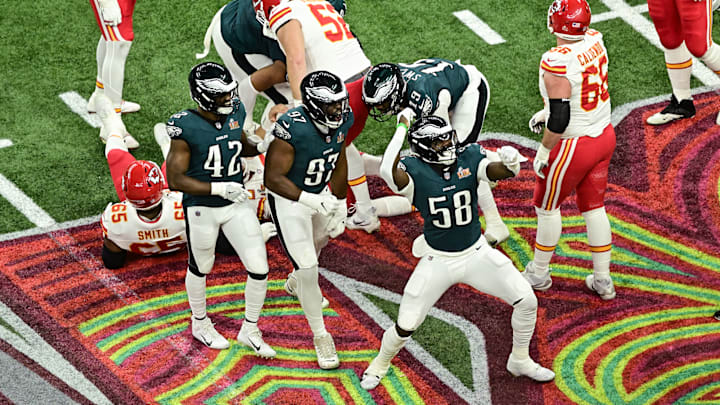 Eagles defense celebrates sack of Patrick Mahomes in Super Bowl LIX.