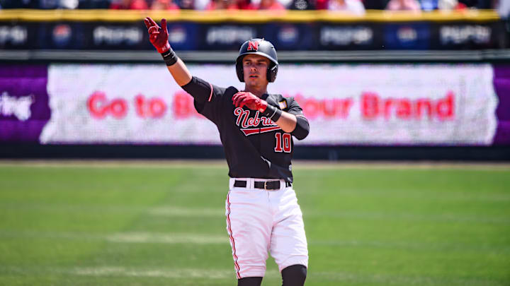 Drew Grego points to the dugout after a single. 