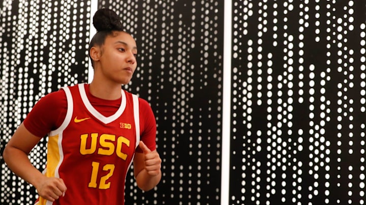 USC Trojans guard JuJu Watkins (12) takes to the court on Jan. 22, 2025, ahead a game against the Purdue Boilermakers.