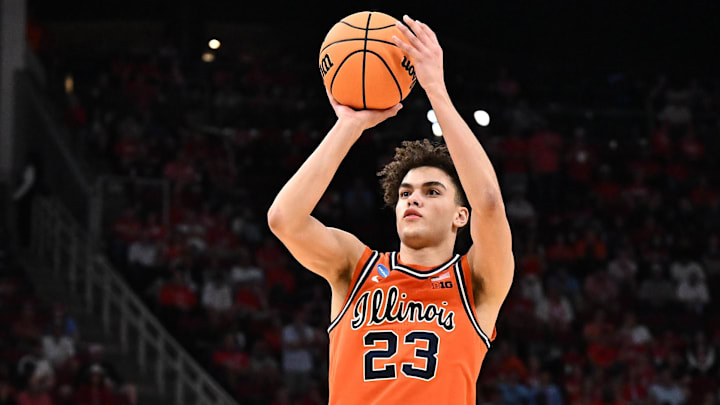 Mar 26, 2026; Houston, TX, USA; Illinois Fighting Illini guard Keaton Wagler (23) shoots the ball against the Houston Cougars in the second half during the Sweet Sixteen.