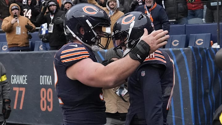 Chicago Bears quarterback Caleb Williams and center Drew Dalman Chicago Bears quarterback Caleb Williams and center Drew Dalman