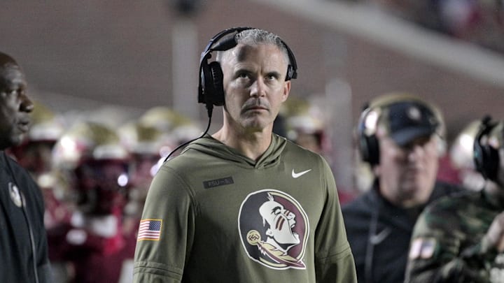 Nov 15, 2025; Tallahassee, Florida, USA; Florida State Seminoles head coach Mike Norvell during the second half against the Virginia Tech Hokies at Doak S. Campbell Stadium. Mandatory Credit: Melina Myers-Imagn Images