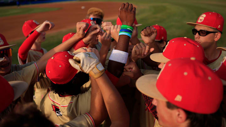 Bishop Snyder Cardinals break after a huddle before a FHSAA District 2-3A high school baseball tournament final Thursday, May 2, 2024 at Trinity Christian Academy in Jacksonville, Fla. The Trinity Christian Conquerors blanked the Bishop Snyder Cardinals 14-0. Bishop Snyder Cardinals break after a huddle before a FHSAA District 2-3A high school baseball tournament final Thursday, May 2, 2024 at Trinity Christian Academy in Jacksonville, Fla. The Trinity Christian Conquerors blanked the Bishop Snyder Cardinals 14-0.