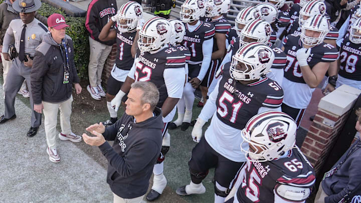 South Carolina Head Coach Shane Beamer claps before he and the team enter the field before the game with Clemson at Williams-Brice Stadium in Columbia, S.C. Saturday, November 29, 2025.