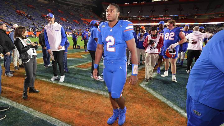 Florida quarterback DJ Lagway (2) leaves the field after beating Florida State 40-21 during an NCAA football game at Steve Spurrier Field at Ben Hill Griffin Stadium in Gainesville, FL on Saturday, November 29, Florida beat Florida State 40-21.2025. [Alan Youngblood/Gainesville Sun]
