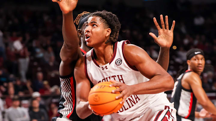 Mar 4, 2025; Columbia, South Carolina, USA; South Carolina Gamecocks forward Collin Murray-Boyles (30) looks to score against the Georgia Bulldogs in the first half at Colonial Life Arena. Mandatory Credit: Jeff Blake-Imagn Images