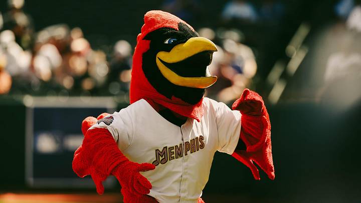 Rockey the Rockin’ Redbird looks toward fans during the opening day game between the Memphis Redbirds and the Charlotte Knights on Friday, March 29, 2024 at AutoZone Park in Memphis, Tenn. Rockey the Rockin’ Redbird looks toward fans during the opening day game between the Memphis Redbirds and the Charlotte Knights on Friday, March 29, 2024 at AutoZone Park in Memphis, Tenn.