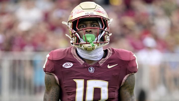 Sep 14, 2024; Tallahassee, Florida, USA; Florida State Seminoles wide receiver Malik Benson (10) looks on during a game against the Memphis Tigers at Doak S. Campbell Stadium. Mandatory Credit: Melina Myers-Imagn Images
