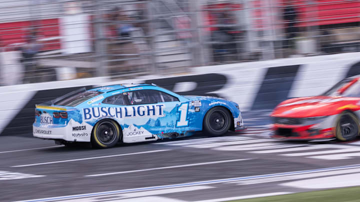 Oct 5, 2025; Concord, North Carolina, USA; NASCAR Cup Series driver Ross Chastain (1) backs across the finish line at Charlotte Motor Speedway Road Course. Oct 5, 2025; Concord, North Carolina, USA; NASCAR Cup Series driver Ross Chastain (1) backs across the finish line at Charlotte Motor Speedway Road Course.