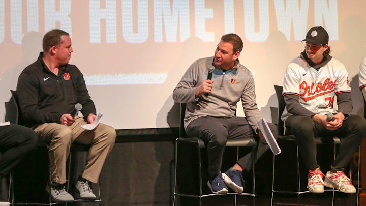 Baltimore Orioles broadcaster Brett Hollander speaks during the Birdland Caravan fan rally at South Hagerstown High School on Saturday, Jan. 27, 2024. Baltimore Orioles broadcaster Brett Hollander speaks during the Birdland Caravan fan rally at South Hagerstown High School on Saturday, Jan. 27, 2024.
