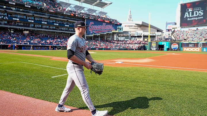 Detroit Tigers pitcher Tarik Skubal (29) takes the field for warm up at Game 5 of ALDS against Cleveland Guardians at Progressive Field in Cleveland, Ohio on Saturday, Oct. 12, 2024.