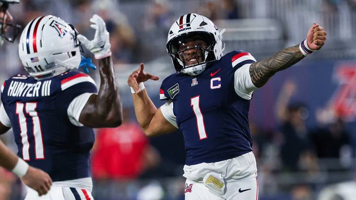 Sep 5, 2026; Tucson, Arizona, USA; Arizona Wildcats quarterback Noah Fifita (1) celebrates a touchdown during the second quarter of the game against the Northern Arizona Lumberjacks at Casino Del Sol Stadium. Sep 5, 2026; Tucson, Arizona, USA; Arizona Wildcats quarterback Noah Fifita (1) celebrates a touchdown during the second quarter of the game against the Northern Arizona Lumberjacks at Casino Del Sol Stadium.