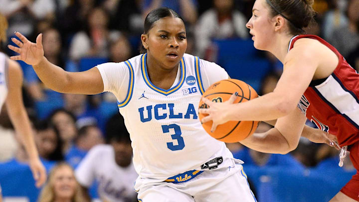 Mar 23, 2025; Los Angeles, California, USA; UCLA Bruins guard Londynn Jones (3) and Richmond Spiders guard Ally Sweeney (14) during an NCAA Tournament second round game at Pauley Pavilion presented by Wescom. Mandatory Credit: Robert Hanashiro-Imagn Images Mar 23, 2025; Los Angeles, California, USA; UCLA Bruins guard Londynn Jones (3) and Richmond Spiders guard Ally Sweeney (14) during an NCAA Tournament second round game at Pauley Pavilion presented by Wescom. Mandatory Credit: Robert Hanashiro-Imagn Images
