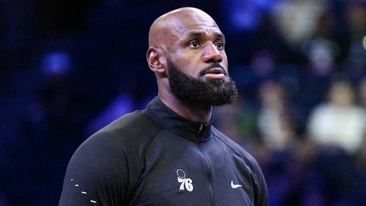 Oct 8, 2026; Brooklyn, New York, USA; Philadelphia 76ers forward Lebron James (23) warms up before a game against the Brooklyn Nets at Barclays Center. Mandatory Credit: John Jones-Imagn Images