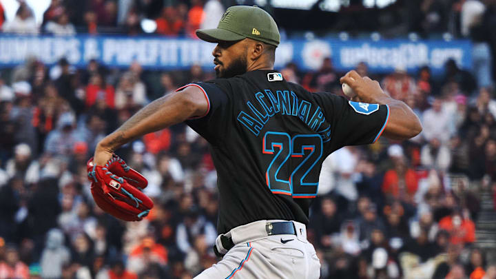 May 19, 2023; San Francisco, California, USA; Miami Marlins starting pitcher Sandy Alcantara (22) pitches the ball against the San Francisco Giants during the first inning at Oracle Park.