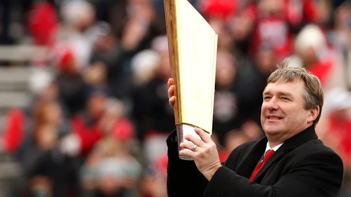 Georgia football coach Kirby Smart during the the national championship celebration at Sanford Stadium in Athens on Jan. 15, 2022.