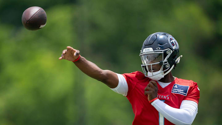 Tennessee Titans quarterback Cam Ward (1) throws in drills during OTAs at Ascension Saint Thomas Sports Park in Nashville, Tenn., Wednesday, May 28, 2025.
