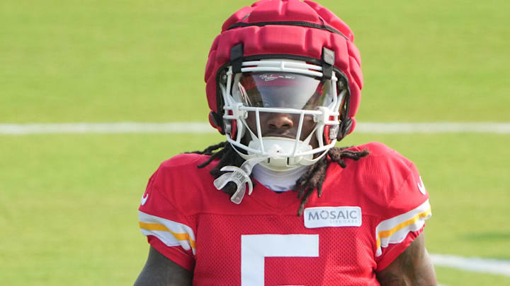 Jul 26, 2024; Kansas City, MO, USA; Kansas City Chiefs wide receiver Marquise “Hollywood” Brown (5) runs drills during training camp at Missouri Western State University. Mandatory Credit: Denny Medley-Imagn Images