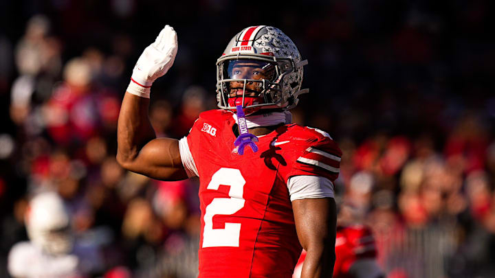 Ohio State Buckeyes defensive back Caleb Downs (2) celebrates after sacking Rutgers Scarlet Knights quarterback Athan Kaliakmanis (16) in the second half of the NCAA football game at Ohio Stadium on Saturday, Nov. 22, 2025 in Columbus, Ohio.