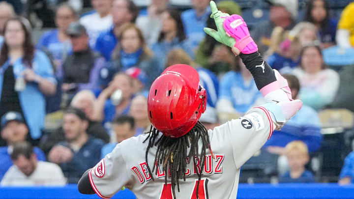May 27, 2025; Kansas City, Missouri, USA; Cincinnati Reds shortstop Elly De La Cruz (44) celebrates at home plate after hitting a solo home run against the Kansas City Royals in the fourth inning at Kauffman Stadium. Mandatory Credit: Denny Medley-Imagn Images