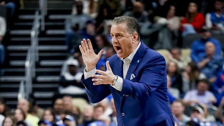Mar 21, 2024; Pittsburgh, PA, USA; Kentucky Wildcats head coach John Calipari reacts to a play