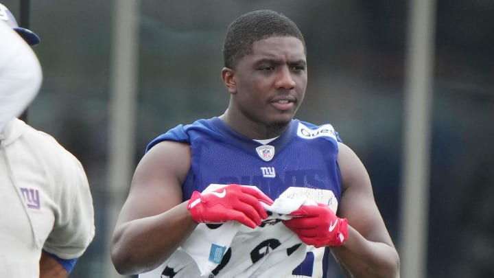 East Rutherford, NJ -- July 24, 2024 -- Running back Devin Singletary during the first day of training camp for the 2024 New York Giants. East Rutherford, NJ -- July 24, 2024 -- Running back Devin Singletary during the first day of training camp for the 2024 New York Giants.