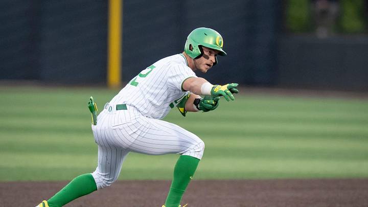 Oregon infielder Ryan Cooney celebrates a double as the Oregon Ducks host the USC Trojans on May 14, 2026, in Eugene, Oregon.