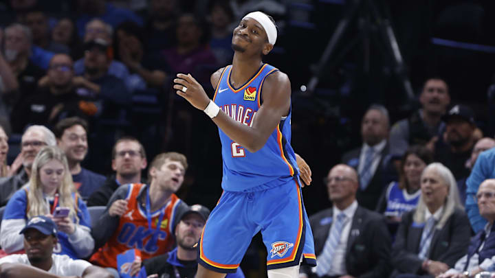 Oklahoma City Thunder guard Shai Gilgeous-Alexander (2) reacts after a play against the New Orleans Pelicans during the second half at Paycom Center. Mandatory Credit: Alonzo Adams-Imagn Images